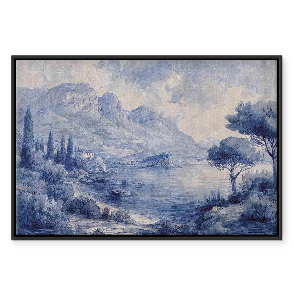 Quadro - Blue Bay - Italian landscape of Lake Como painted with blue ink