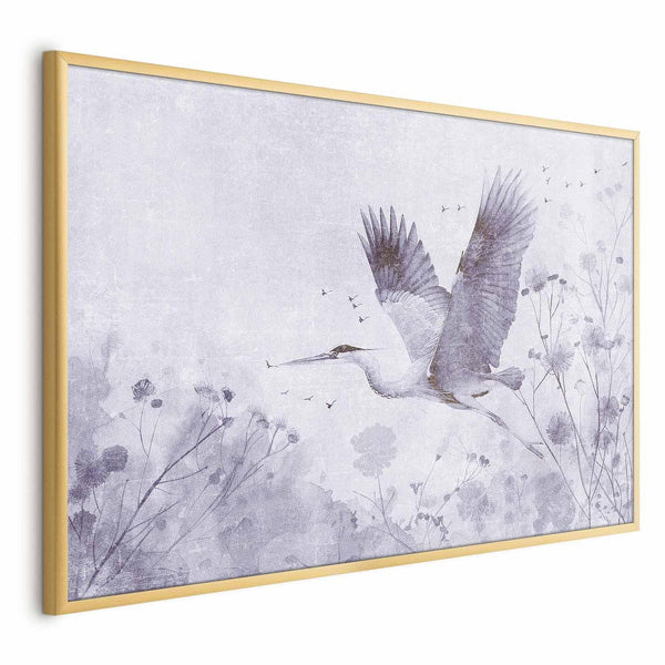Poster - Majestic Flight - crane in flight in a monochromatic, cool color palette