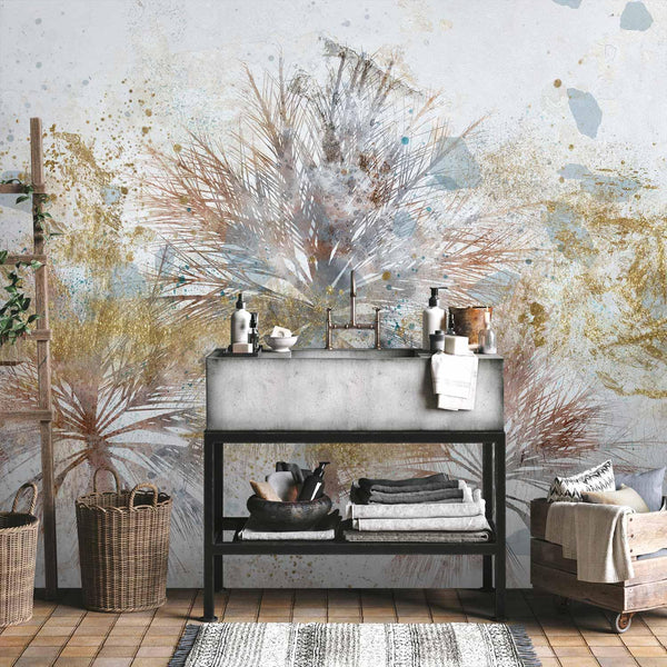 Carta da parati - Grey palms - plant motif in an abstract composition with patterns