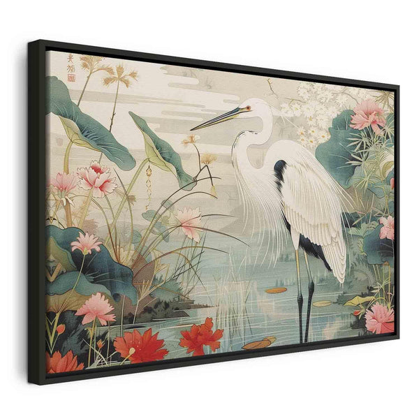 Quadro - By an Asian pond - an illustration in the style of a Japanese engraving, depicting a heron