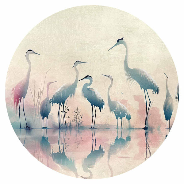 Carta da parati rotonda - Birds by the lake - herons painted in watercolours in delicate grey and pink colours
