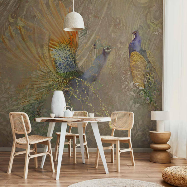 Carta da parati - Peacocks in dance - bird motif among an abstract pattern with ornaments