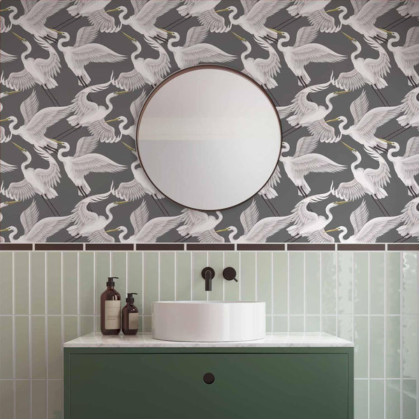 Tappezzeria murale - Flying birds – a delicate pattern of white and grey herons on a grey background