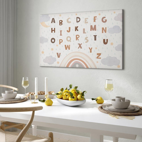 Quadro - Letters Above the Rainbow - Letters Among Streams of Rain and Clouds with a Rainbow Moon and Stars on a Light Background