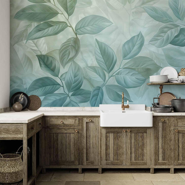 Carta da parati - Large Leaves in Shades of Green-Mint: Botanical Motif