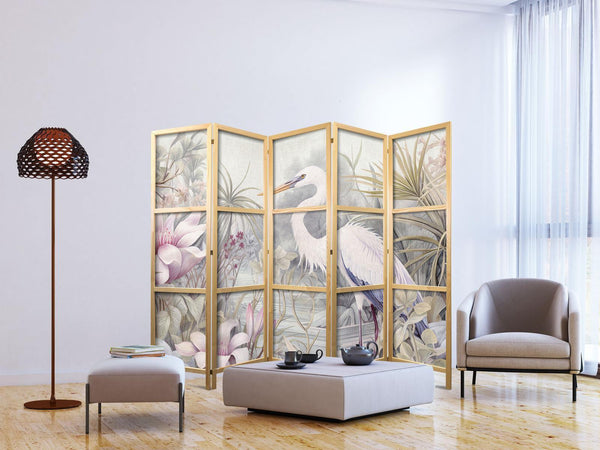 Paravento giapponese - Heron wading in a pond – illustration in bright colours