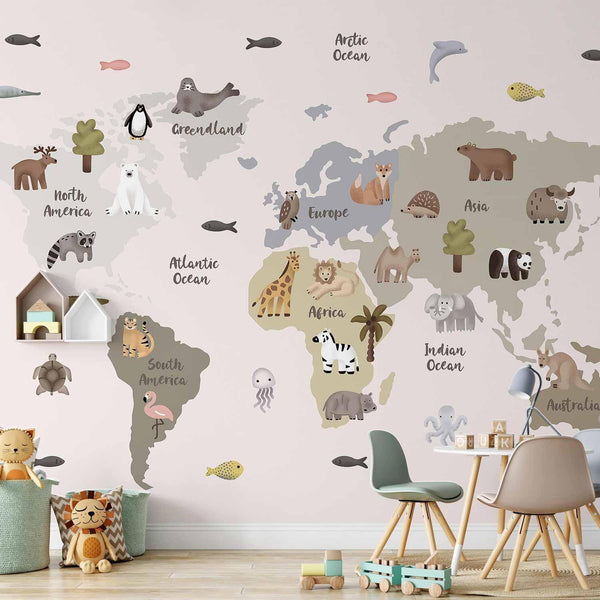 Carta da parati - Pastel Map - Animals and Continents for Children's Room