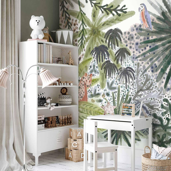 Carta da parati - Flora of Madagascar - Tropical Landscape With Watercolour Animals