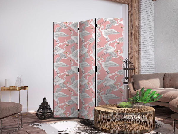 Paravento - Pastel birds - a delicate pattern of white and grey herons on a light pink background