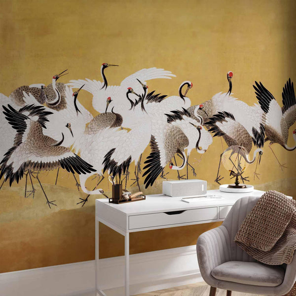 Carta da parati - Japanese cranes - a flock of birds against a golden background based on a painting by Ishida Yūtei