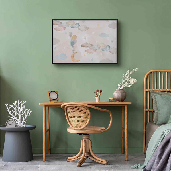Quadro - Fairy-Tale Moon - Pastel Moon with Balloons Among Colorful Clouds and Stars in Subdued Colors on a Light Background