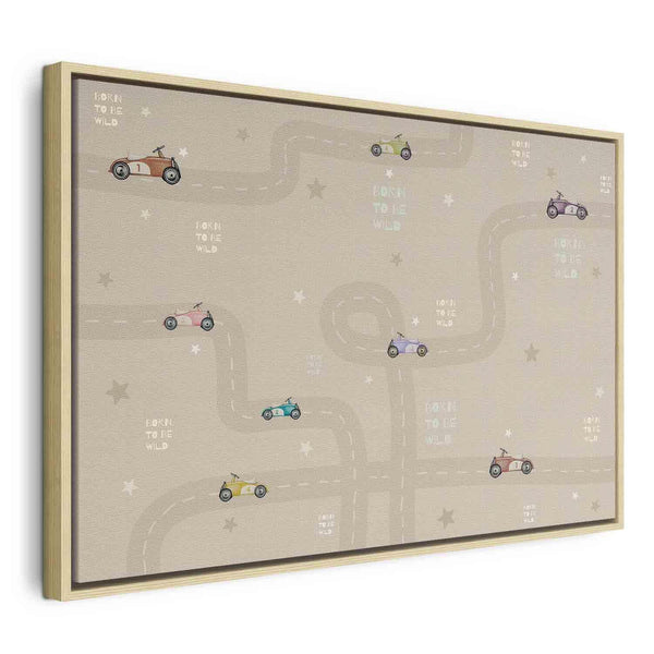 Quadro - Race - Colorful Cars on a Road on a Beige Background with Inscriptions