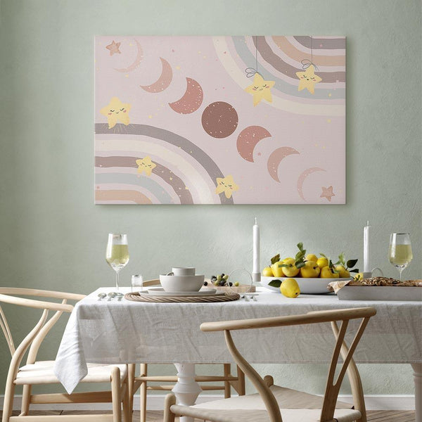 Quadro - Joyful Sky - Yellow Cheerful Stars with a Rainbow Against the Phases of the Moon in a Light Beige Sky Hue