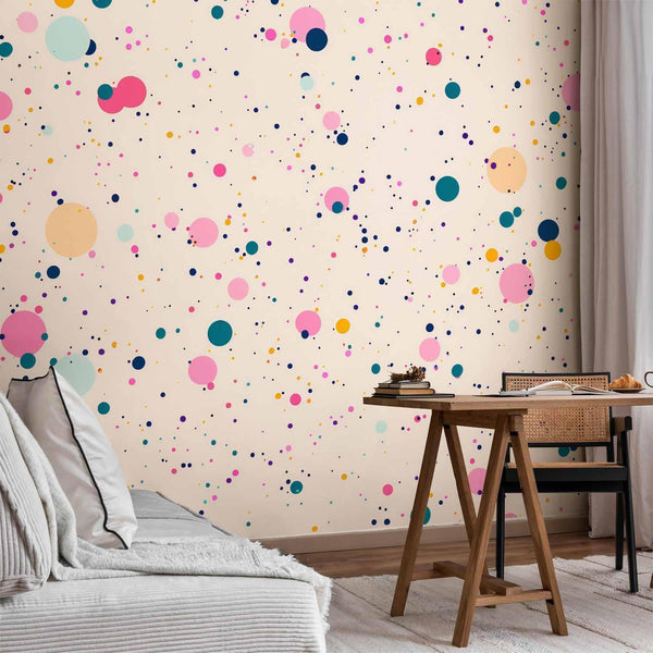 Carta da parati - Dots Speckles and Splatters Multicolored Cheerful Pattern on a Light Pink Background