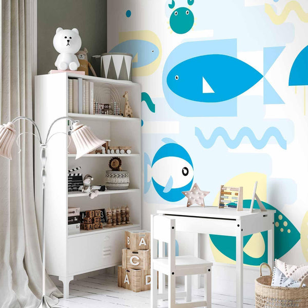 Carta da parati - Animals in the sea - geometric blue fish in water for kids