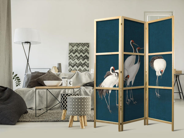 Paravento giapponese - Evening by the pond - a group of cranes drawn in dry pastel on a dark turquoise background