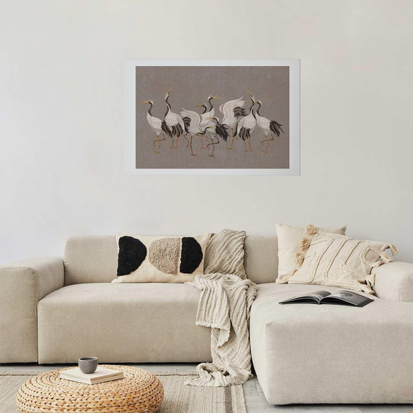 Poster - Crane Dance - light bird silhouettes on a warm-gray textured background