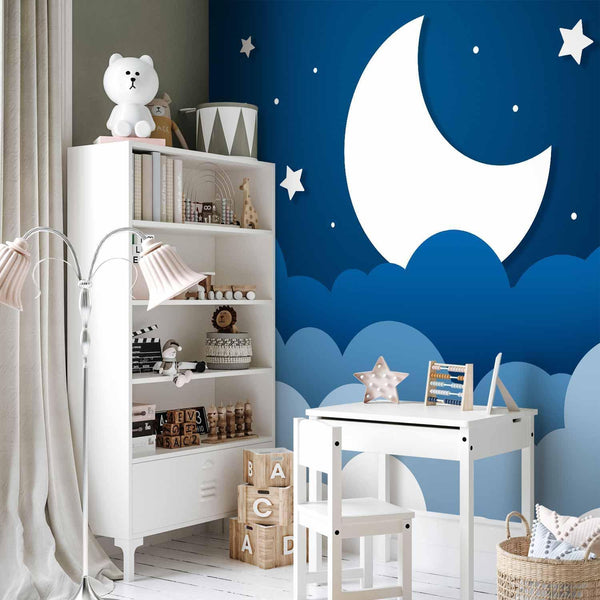 Carta da parati - Moon dream - clouds on a dark blue sky with stars for children
