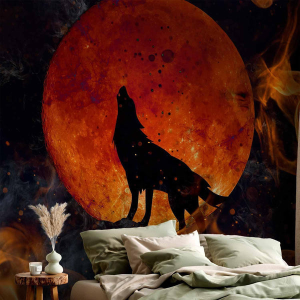 Carta da parati - Wild nature - wolf on a background of a red moon in flames of fire