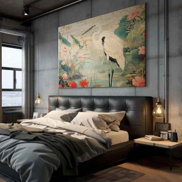Quadro XXL - By an Asian pond - an illustration in the style of a Japanese engraving, depicting a heron
