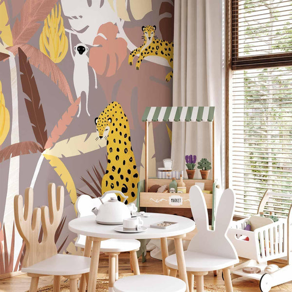 Carta da parati - Cheetahs in the jungle - landscape with exotic animals with palm trees for children
