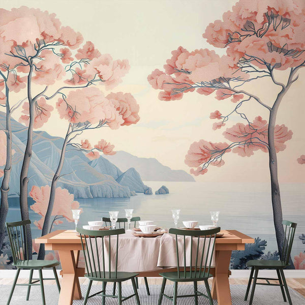 Carta da parati - Landscape with the Ocean Cliffs and Trees in Delicate Pink Shades