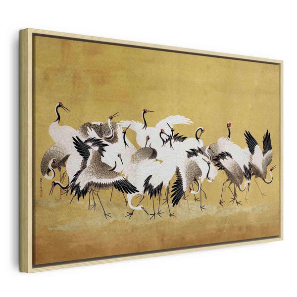 Quadro - Japanese cranes - a flock of birds against a golden background based on a painting by Ishida Yūtei