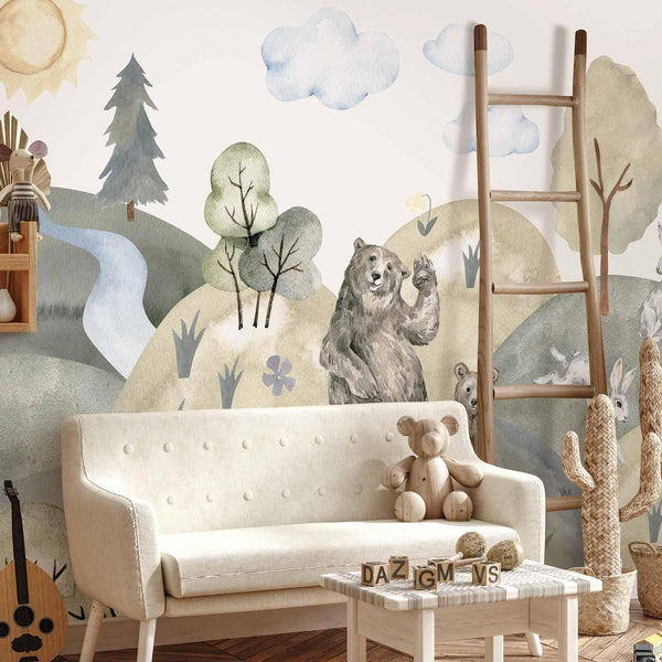 Carta da parati - Green Hills - a Valley With Animals Painted in Watercolours