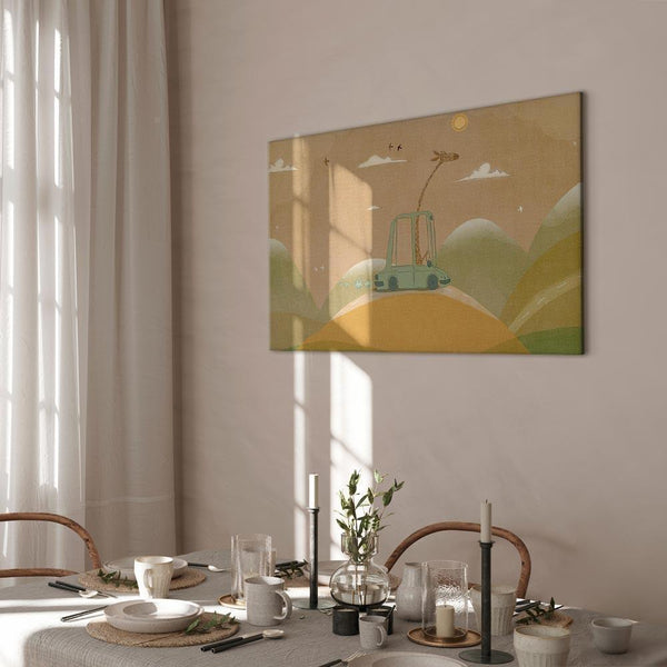 Quadro - Dreamy Traveler - A Cheerful Giraffe Driving a Car on a Sunny Day
