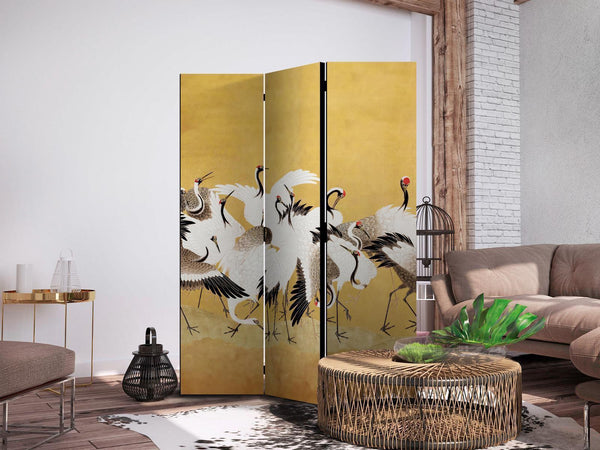 Paravento - Japanese cranes - a flock of birds against a golden background based on a painting by Ishida Yūtei