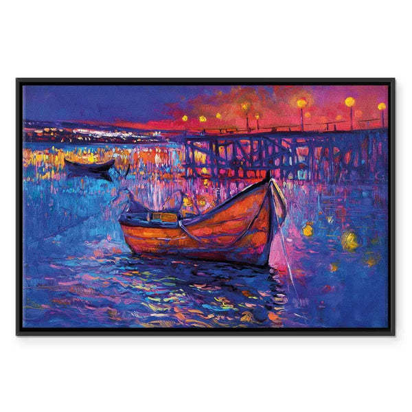 Quadro - Modern impressionism - night landscape of a lake with a floating boat
