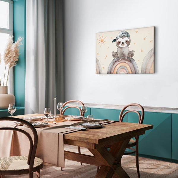 Quadro - Happy Sloth - Sloth in Subdued Colors Wearing a Cap Sitting on a Rainbow Among Little Stars