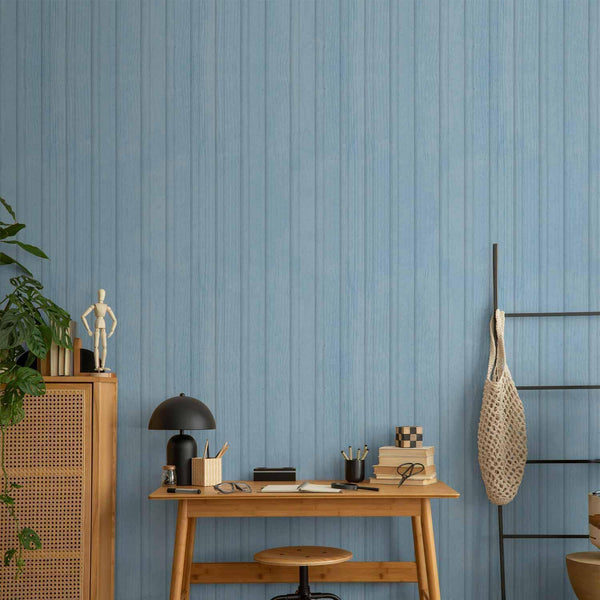 Tappezzeria murale - Blue Panels - Wooden planks in a pastel blue shade