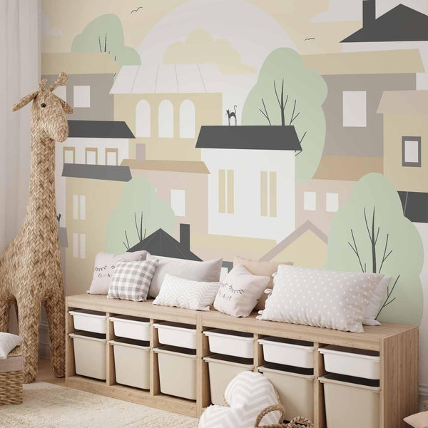 Carta da parati - Yellow town - city suburb with trees and cats for children