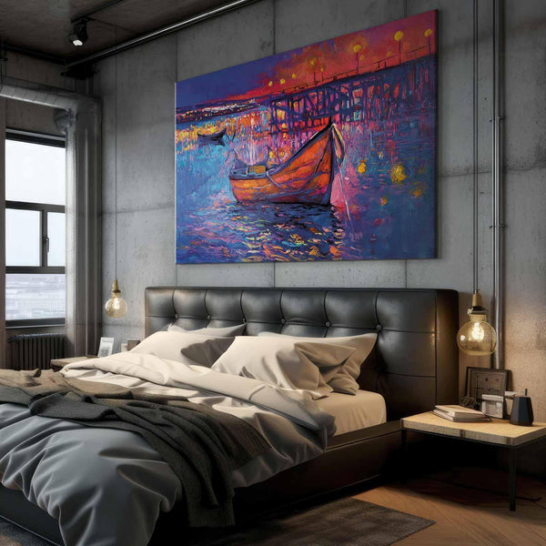 Quadro XXL - Modern impressionism - night landscape of a lake with a floating boat
