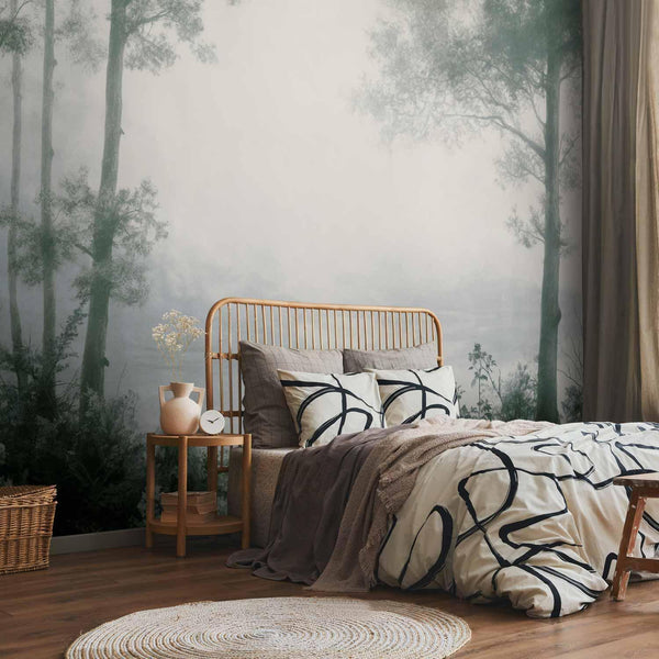 Carta da parati - Retro Landscape - Grove Trees and Pond in Patinated Shades of Green