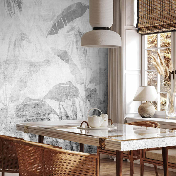 Carta da parati - Vanishing jungle - landscape of exotic trees and leaves in grey tones