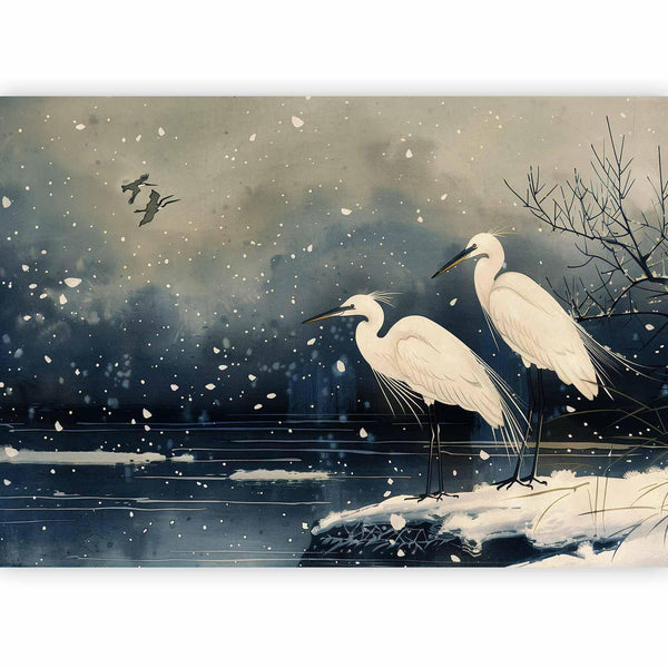 Carta da parati - Herons over a winter pond - Japanese-style illustration in dark colours