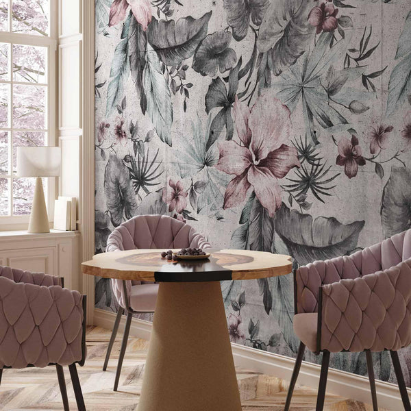 Carta da parati - Nature in retro style - landscape with leaves and flowers in grey tones