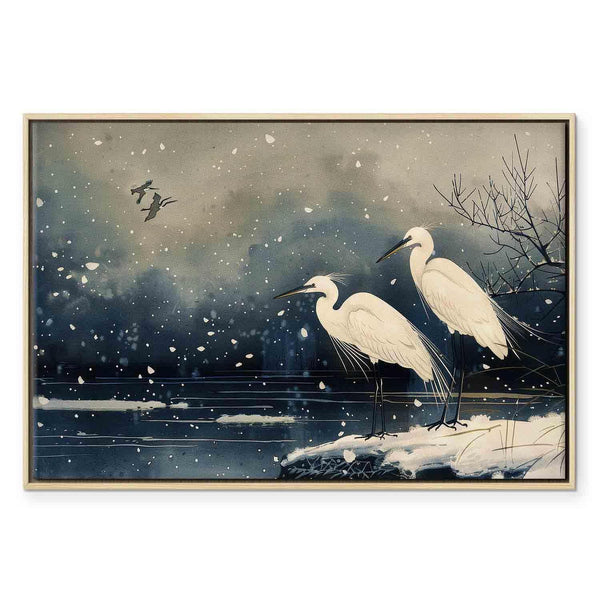 Quadro - Herons over a winter pond - Japanese-style illustration in dark colours