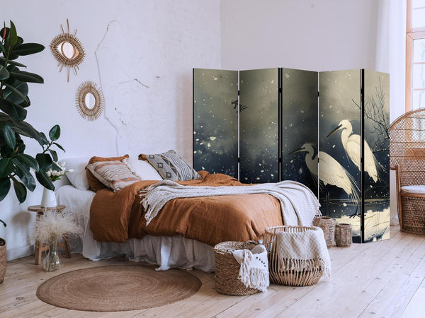 Paravento - Herons over a winter pond - Japanese-style illustration in dark colours