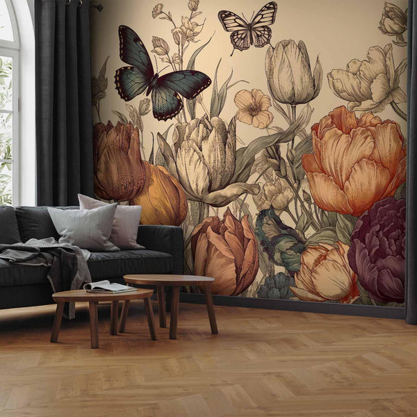 Carta da parati - Colourful tulips on a cream background
