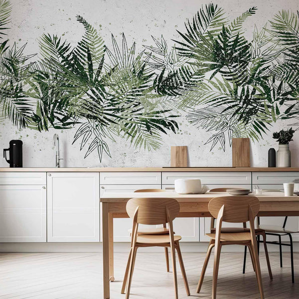 Carta da parati - Jungle and green plume - large tropical leaves on a white background