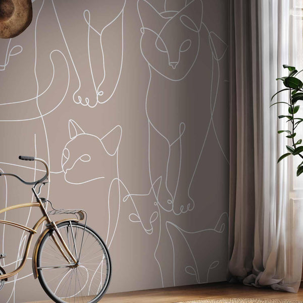 Carta da parati - Cat lineart - minimalist sketches of white cats on beige background