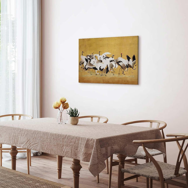 Quadro - Japanese cranes - a flock of birds against a golden background based on a painting by Ishida Yūtei