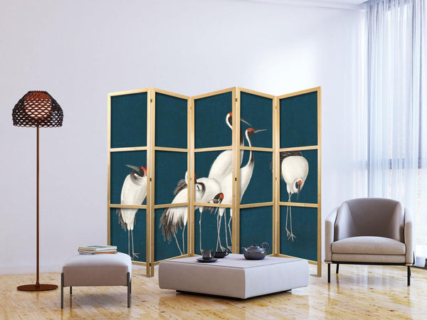 Paravento giapponese - Evening by the pond - a group of cranes drawn with dry pastels on a dark turquoise background