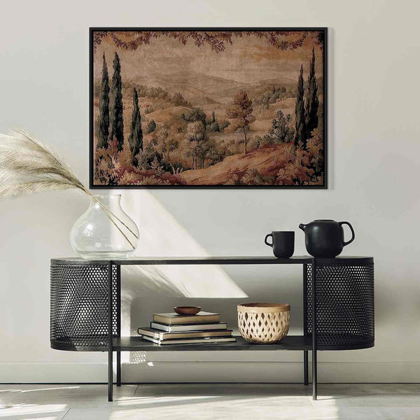 Quadro - Mediterranean landscape - old tapestry with a hill and a lake