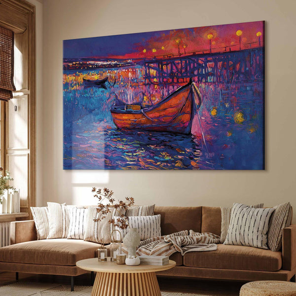 Quadro XXL - Modern impressionism - night landscape of a lake with a floating boat
