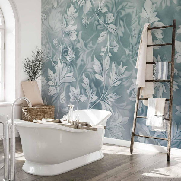 Carta da parati - Ornaments in Worn Muted Turquoises: Delicate Plant Pattern