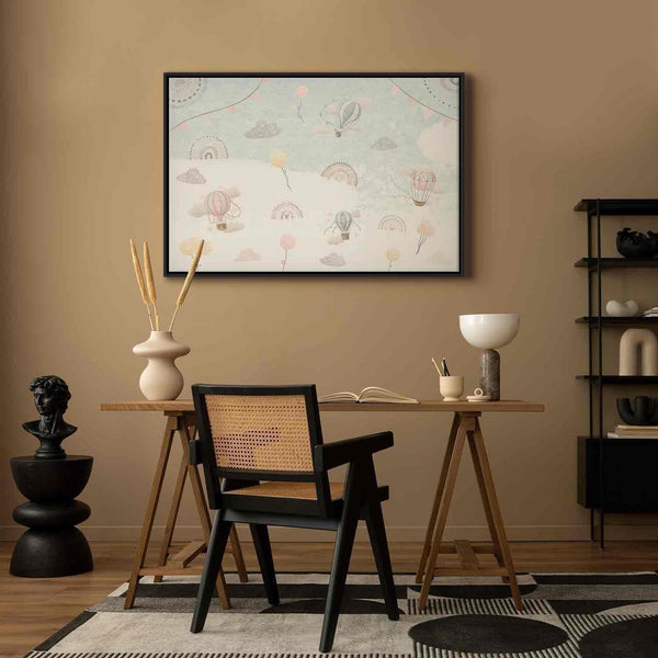 Quadro - Sky with Balloons - Balloons in Subdued Colors Flying in the Sky Among Clouds Rainbows and Stars
